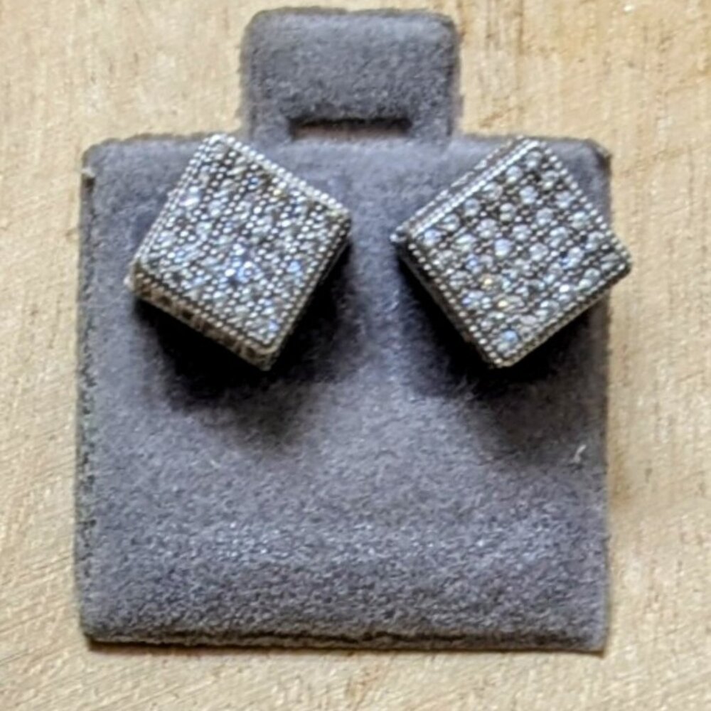 🆕.925 STERLING SILVER CUBE RHODIUM CUBIC ZIRCONIA STUD EARRINGS - MEN